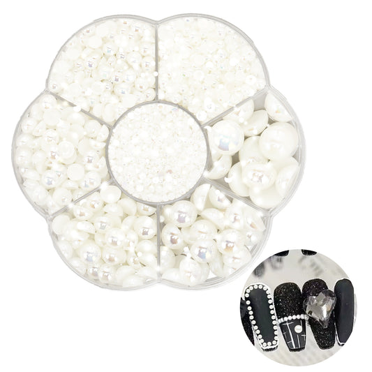 Giantree Flatback Pearls Half Round, Gold Silver Half Pearls Beads, Mixed SizeHalf Round Pearl Beads Nail Gems Rhinestone, Nail Art ABS Plastic Beads for Manicure Face Art DIY Crafts Jewelry(White)