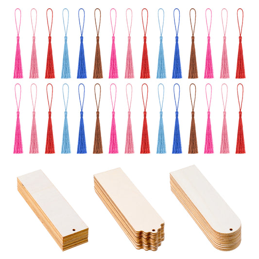 BOHUIZ 36Pcs Blank Wooden Bookmarks, Wooden Bookmarks with 36 Colors Tassels Blank Bookmark for Book Lover DIY Crafts Gifts Tag