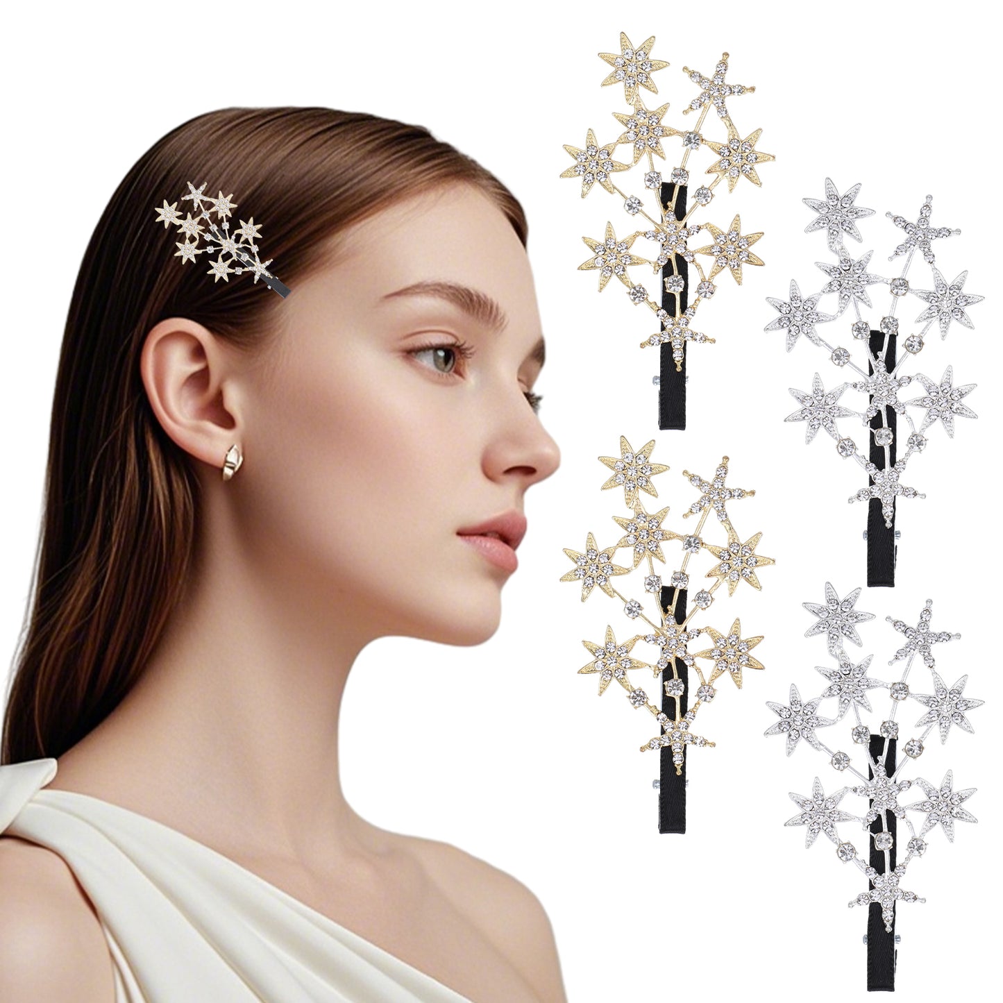 HJZHII 4 Pcs Rhinestone Star Hair Clips, Crystal Stars Hairs Clip Bride Wedding Hair Barrettes Glitter Decorative Hairclips Sparkling Jewelry Hairpins Decorative Hair Accessories for Women and Girl
