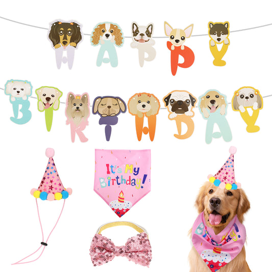 Jeffdad Dog Birthday Party Supplies, Birthday Hat,Bow Tie, Bandana, Banner,Puppy Pet Theme Birthday Decorations Suit for Dog Birthday Party Decorations (Pink)