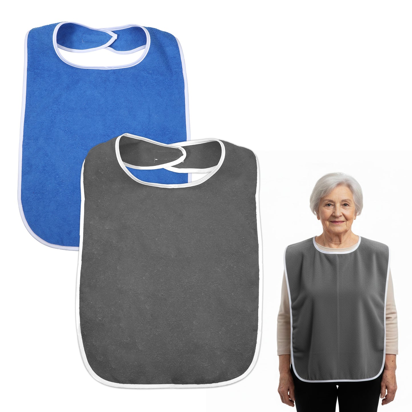 TIESOME 2 Pack Adult Bibs for Men, Reusable Clothing Protectors for Elderly and Disabled, Polyester Eating Bibs, Easy Clean (Gray + Royal Blue)
