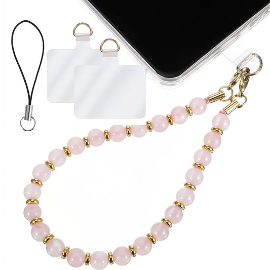 AOZUO Marble Beaded Phone Wrist Strap, Pink Hands-Free Phone Wristlet Bracelet Detachable Cell Phone Lanyard with 2 Tether Tab Cute Phone Charm Phone Chain Strap Compatible with Most Phone