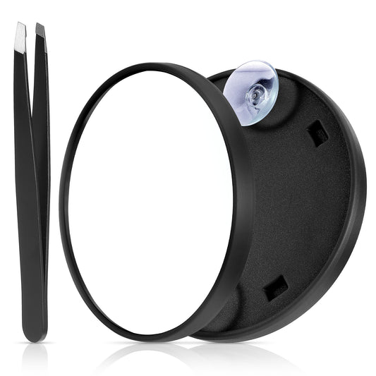Andibro 5X Compact Suction Cup Makeup Mirror, 3.6" Travel Magnifying Mirror, Pocket Magnification Mirror Cosmetic Magnified Mirror with Tweezer Handheld Shower Mirror for Bathroom Skin Care(Black)