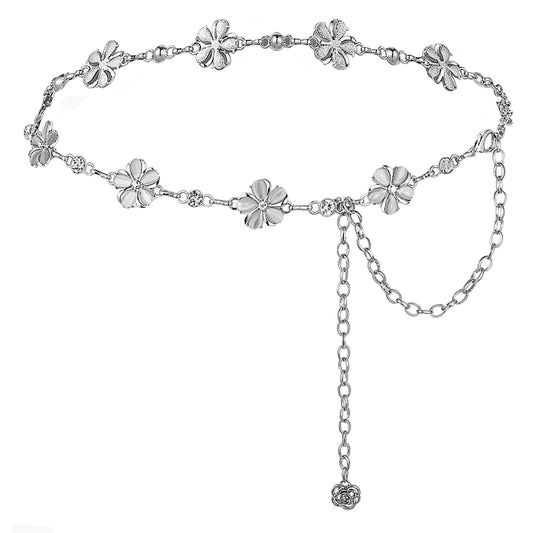 JIEYAO Metal Waist Chain Belts for Women, Small Flower Silver Belts Adjustable Boho Waist Chains for Dresses Jeans(grey)