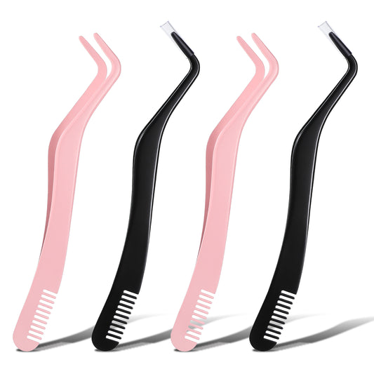 cobee 4Pcs Eyelash Tweezers, Lash Applicator Tool, Eyelashs Applicator Tool with Comb, Curved Stainless Steel Eyelash Nipper for Lashes Precision Placement and Application