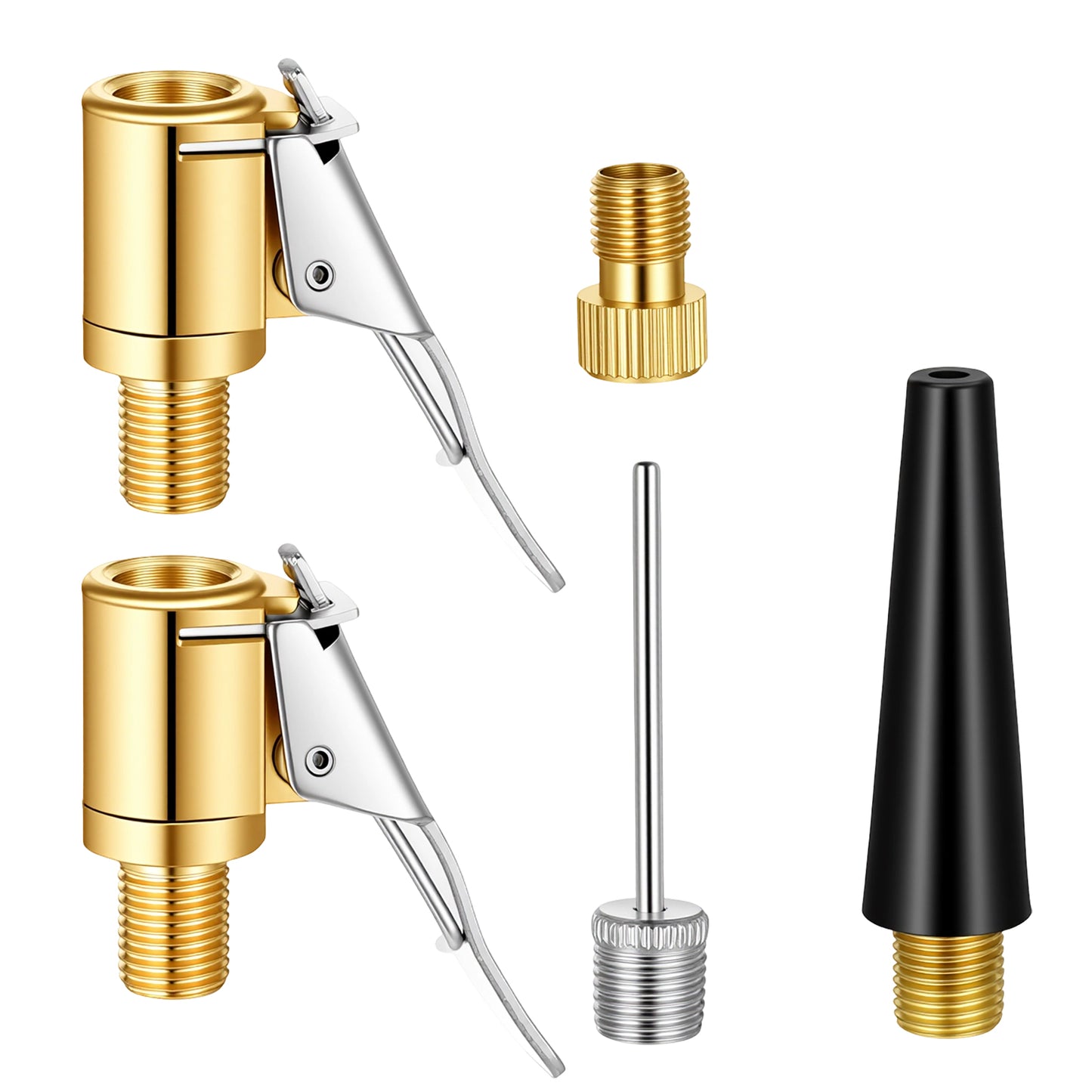 DOPENSPI 5PCS Tire Air Chuck with Clip Adapter Set, Brass Locking Tire Inflator Nozzle Adapter Connect Ball Pump Needle Kit Air Pump Nozzle Adapter Kit No Leakage Tire Chucks for Air Compressor Pump C