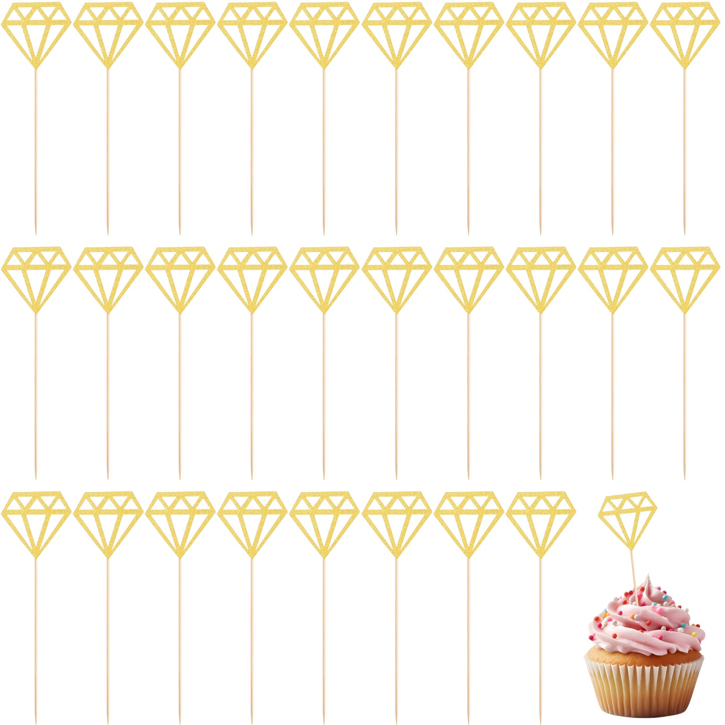Jeffdad 50 Pack Diamond Ring Cake Toppers Glitter Diamond Wedding Ring Cupcake Picks for Wedding Engagement Anniversary Valentines Party Decorations(Gold)