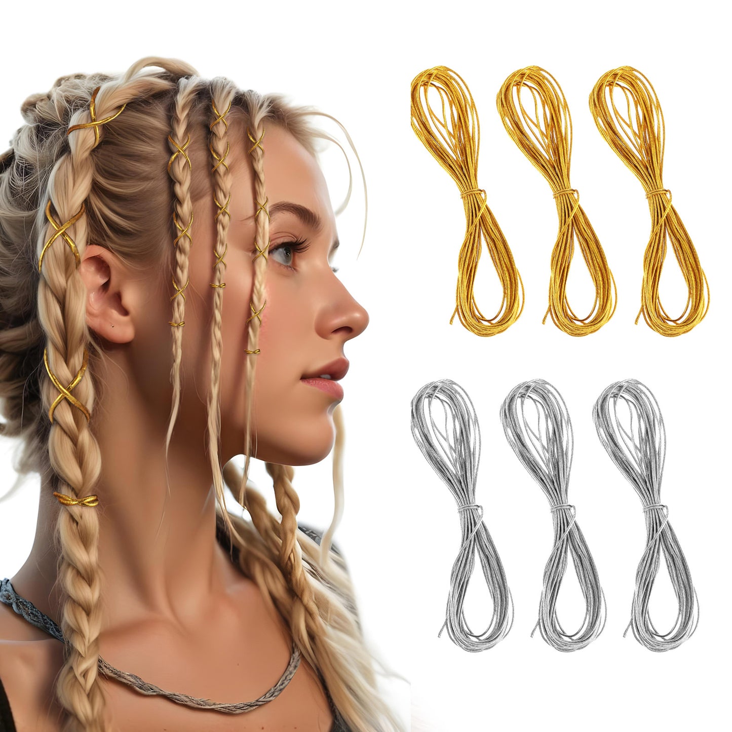 Giantree 6 Pack Hair Strings for Braids, 5 Meters Dreadlock Braids Hair Strings Hair Accessory String, Stretchable Braid Braiding Rope Silver Gold Braiding Hair Deco Styling Accessories Gift Wrapping
