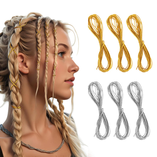 Giantree 6 Pack Hair Strings for Braids, 5 Meters Dreadlock Braids Hair Strings Hair Accessory String, Stretchable Braid Braiding Rope Silver Gold Braiding Hair Deco Styling Accessories Gift Wrapping