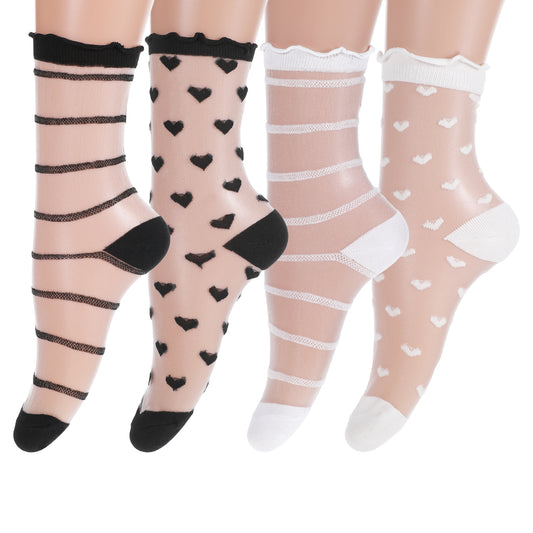 JJUNW 4 Pairs Sheer Socks Women, Striped Heart Sheer Ruffle Socks, Mesh Ankle Socks Nude Stocking, Womens Dress Lace Cool Summer Thin Fashion