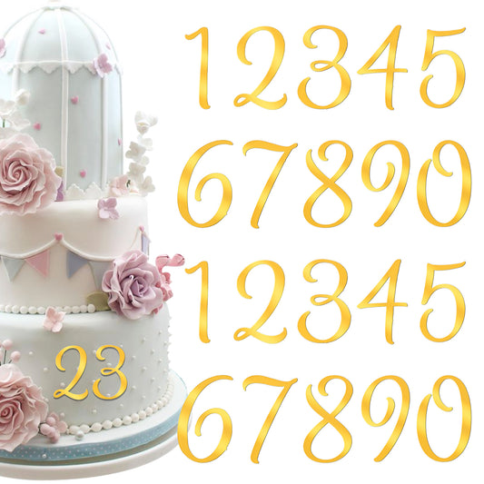 LIQWEI 20 Pcs Gold Shiny Acrylic Number Cake Toppers,0-9 Number For Cake Topper Happy Anniversary Cakes Topper Sticks, Cupcake Sticks for Toppers Birthday Party Wedding Supplies Set