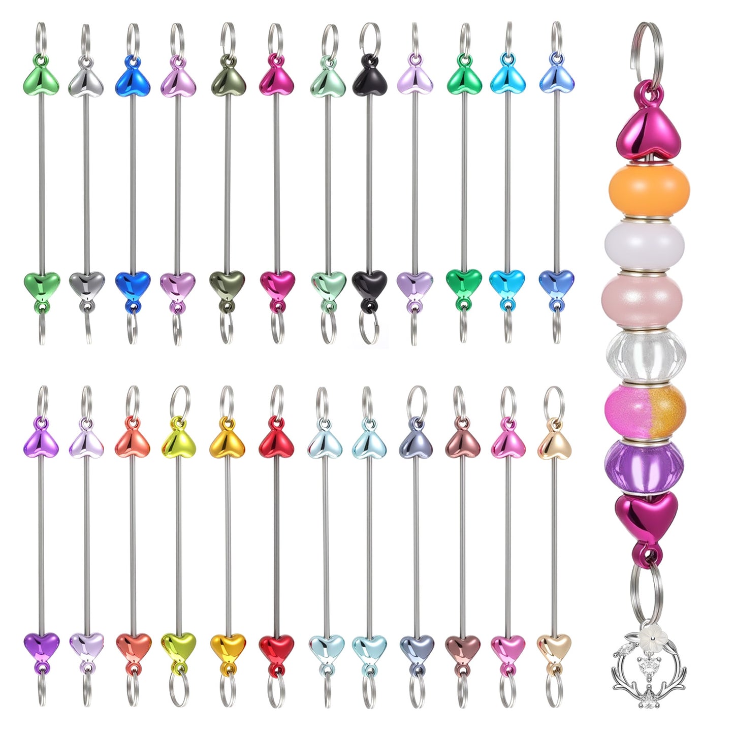 YUXMU 24 Pcs Keychain Bars for Beads, Beaded Keychain Making Kit with Detachable Alloy Bars, DIY Pendant Jewelry Craft Supplies for Gift Making