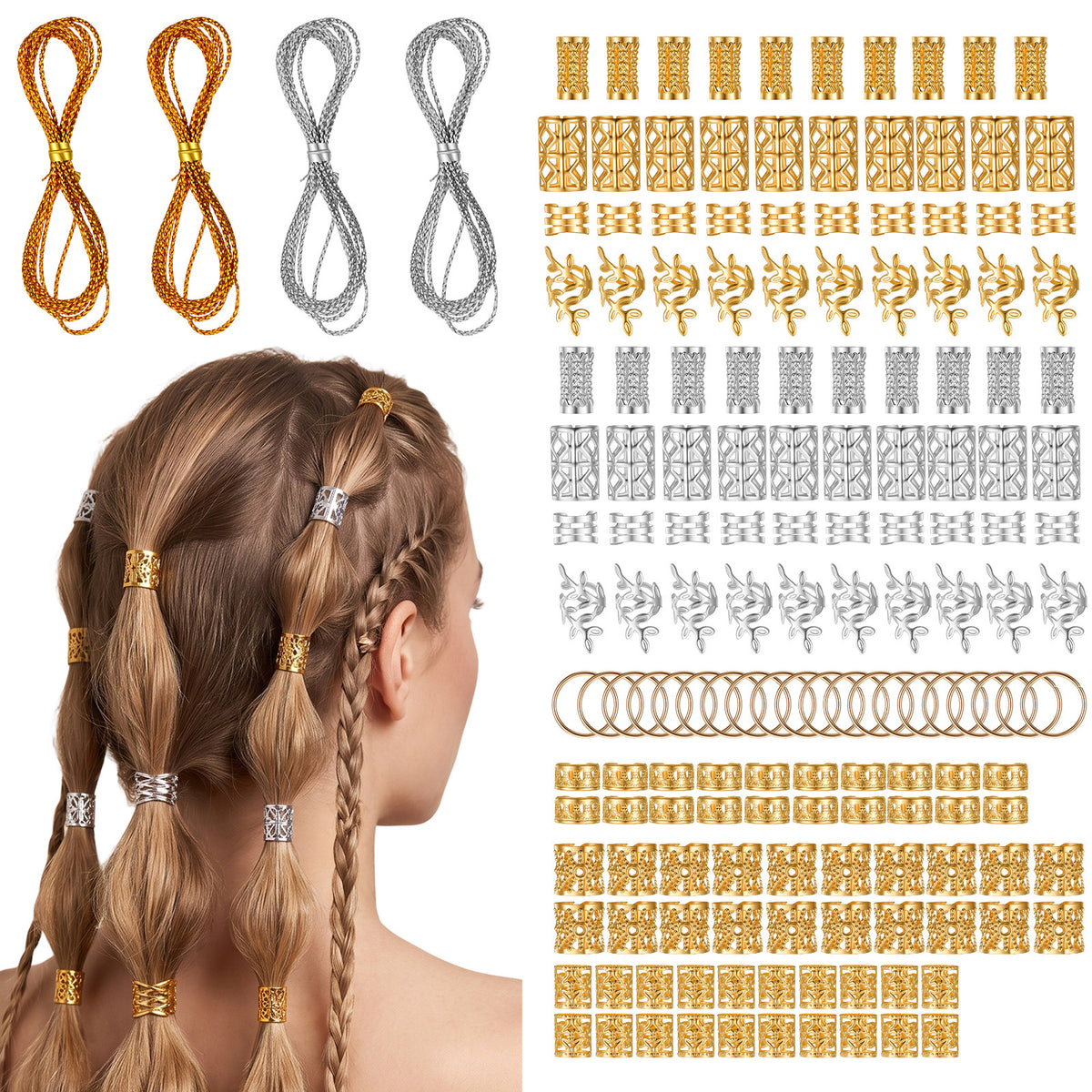 Jeffdad 164Pcs Gold Hair Beads for Braids Dreadlock Hair Accessories Set