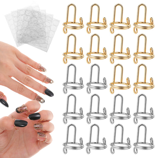 HJZHII 20Pcs Wudu Nail Rings, Adjustable Nail Rings Reusable Nails Ring with 120Pcs Adhesive Nails Tabs Metal Detachable Fingernail Ring for Women Art Decoration (Gold Silver)