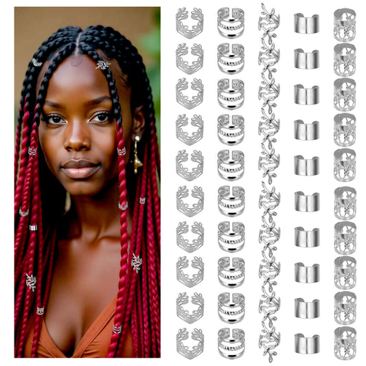 BOHUIZ 50PCS Silver Hair Jewelry for Braids Accessories Loc Jewelry for Hair Dreadlocks Adjustable Hair Rings Hair Cuff Hair Charms Braid Jewelry Hair Beads Decorations for Men Women(Silver)