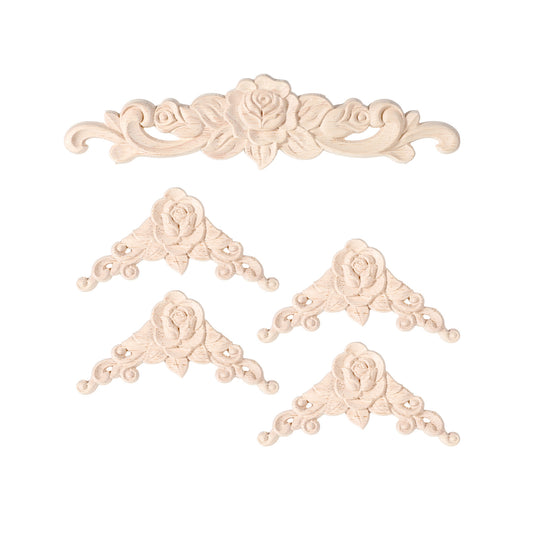 HJZHII 5Pcs Wooden Rose Appliques Onlays Set, Wood Carved Long Onlay Applique Unpainted Wood Carved Wall Decor Decorative Wooden Applique for Furniture Bed Door Wall Cabinet Wardrobe DIY Projects