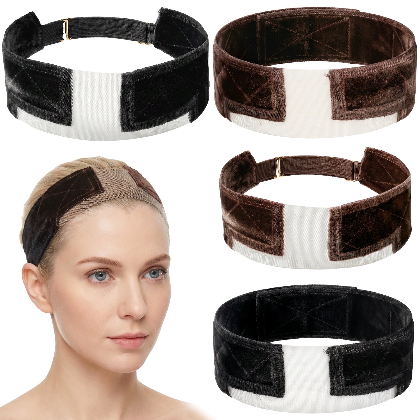 Molain 4 Pcs Adjustable Velvet Wig Grip Headband, Elastic Velvet Wig Headband Non-Slip Wig Band Comfortable Invisible Breathable Wigs Grip for Women Black and Brown