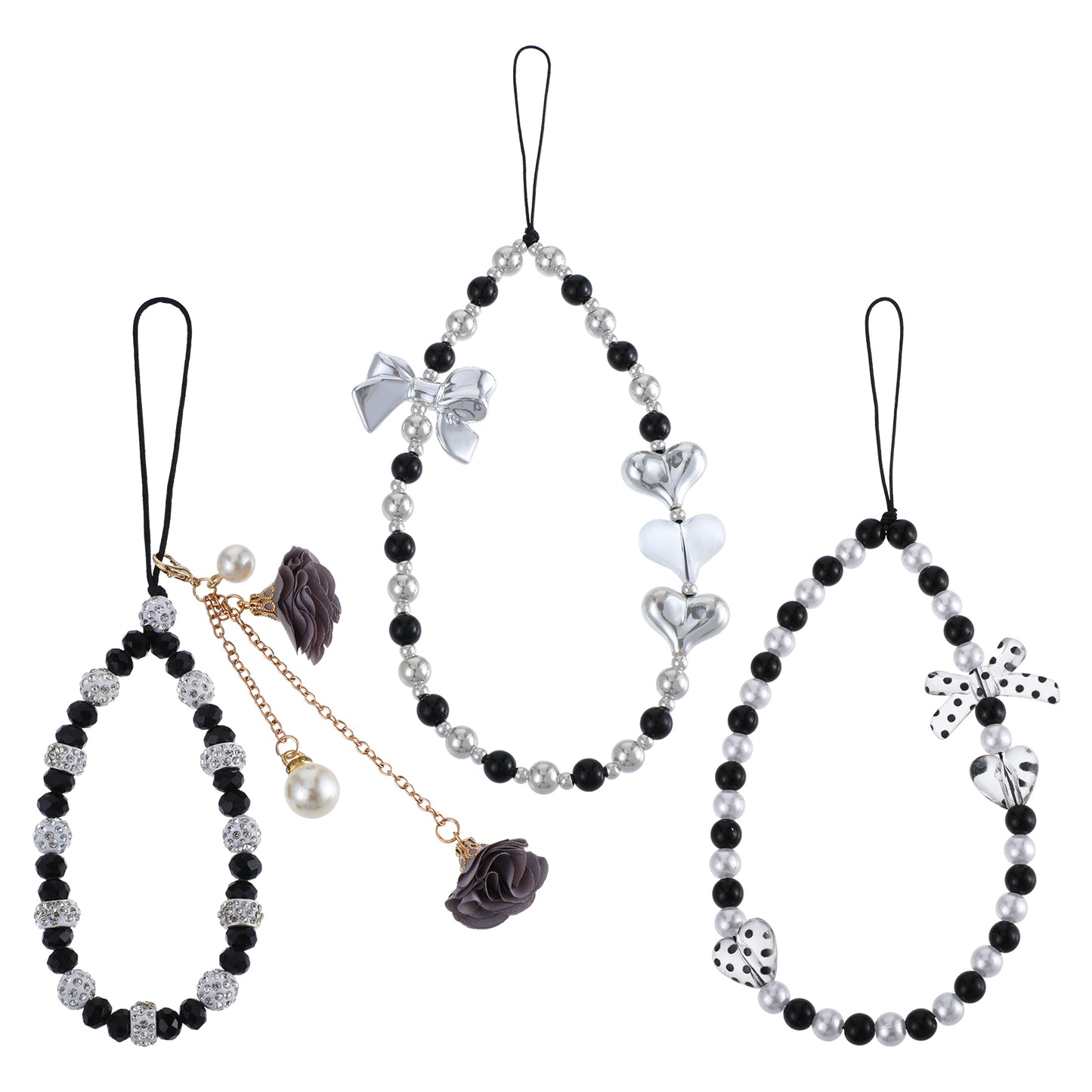 Giantree 3 Pcs Phone Charms Strap, Butterfly Bow Knot Beaded Phone Charms Strap, Y2k Black Pearl Beaded Phone Charm Phone Wrist Strap Lanyard, Cute Black Pearl Phone Chain for Women