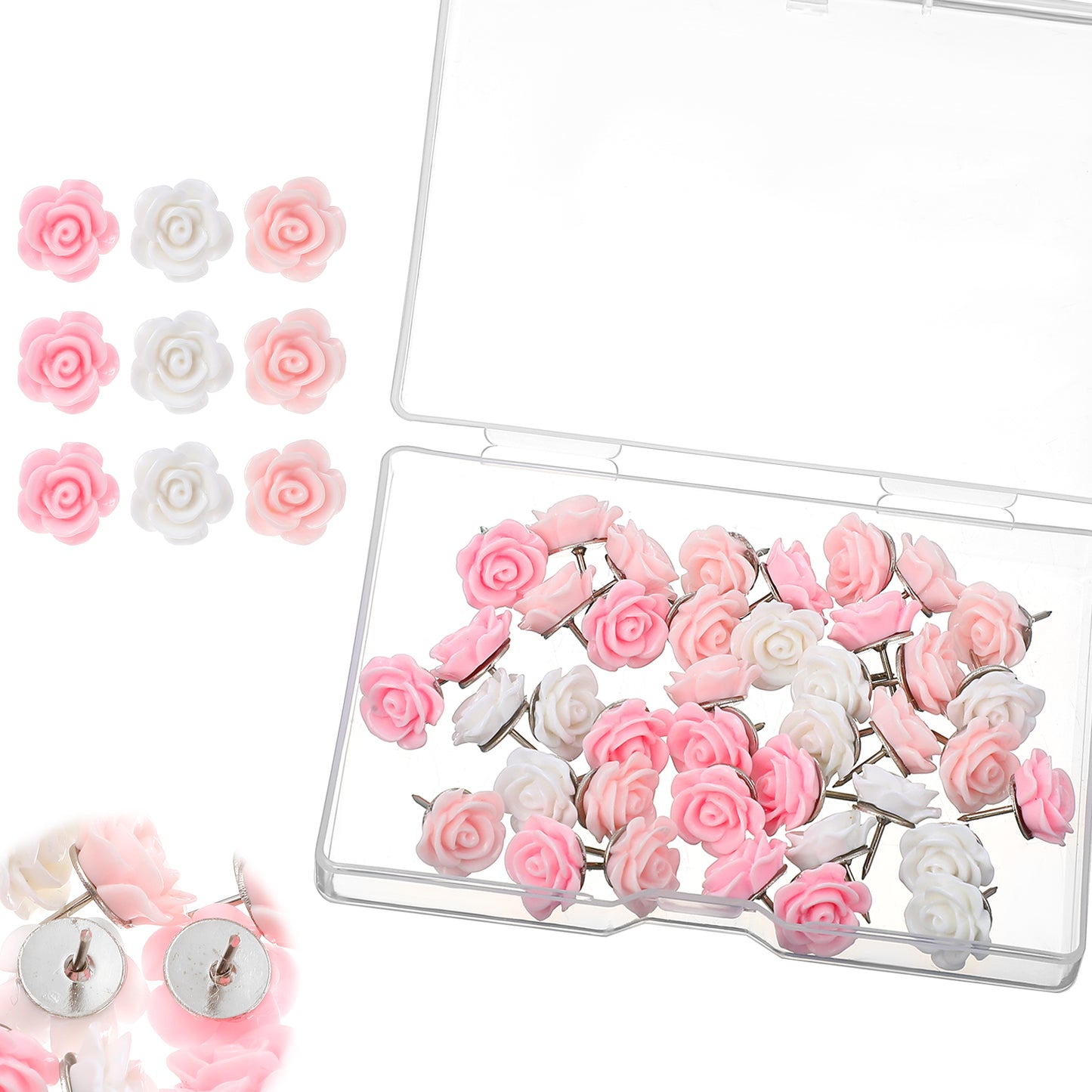 XLIUAX 40Pcs Flower Push Pins, Rose Thumb Tacks Cute Pink Thumbtacks for Cork Board Decorative Push Pins for Bulletin Board Photos Wall Maps Offices