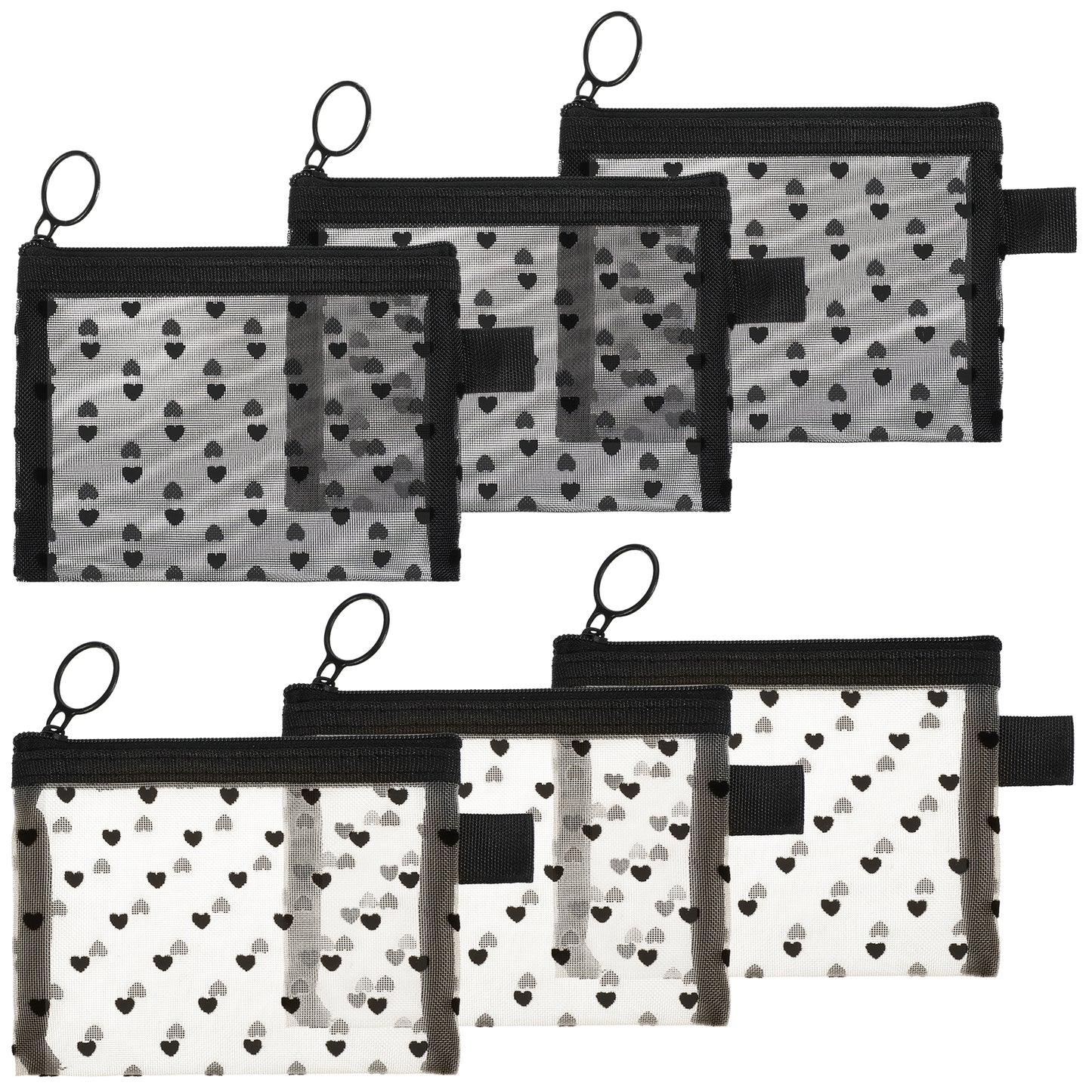 SHENLIU 6 Pcs Small Makeup Bag Set, Mini Zipper Toiletry Bag with Heart Print, Nylon Cosmetic Organizer Pouches for Women & Men (Beige/Black, 5.12x3.94 in)