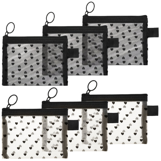 SHENLIU 6 Pcs Small Makeup Bag Set, Mini Zipper Toiletry Bag with Heart Print, Nylon Cosmetic Organizer Pouches for Women & Men (Beige/Black, 5.12x3.94 in)