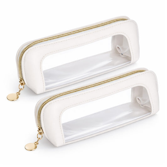 JJUNW 2Pcs Clear Makeup Brush Bag, Portable Makeup Brush Bag, Leather Slim Makeup Case Make-up Brush Bags with Zipper for Women Travel Storage(Beige)