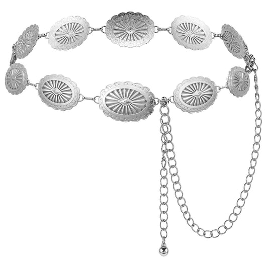 JIEYAO Western Concho Chain Belt, Cowgirl Waist Links Belt Hollow Out Flower Waistband Boho Country Concert Outfit for Women(Silver)