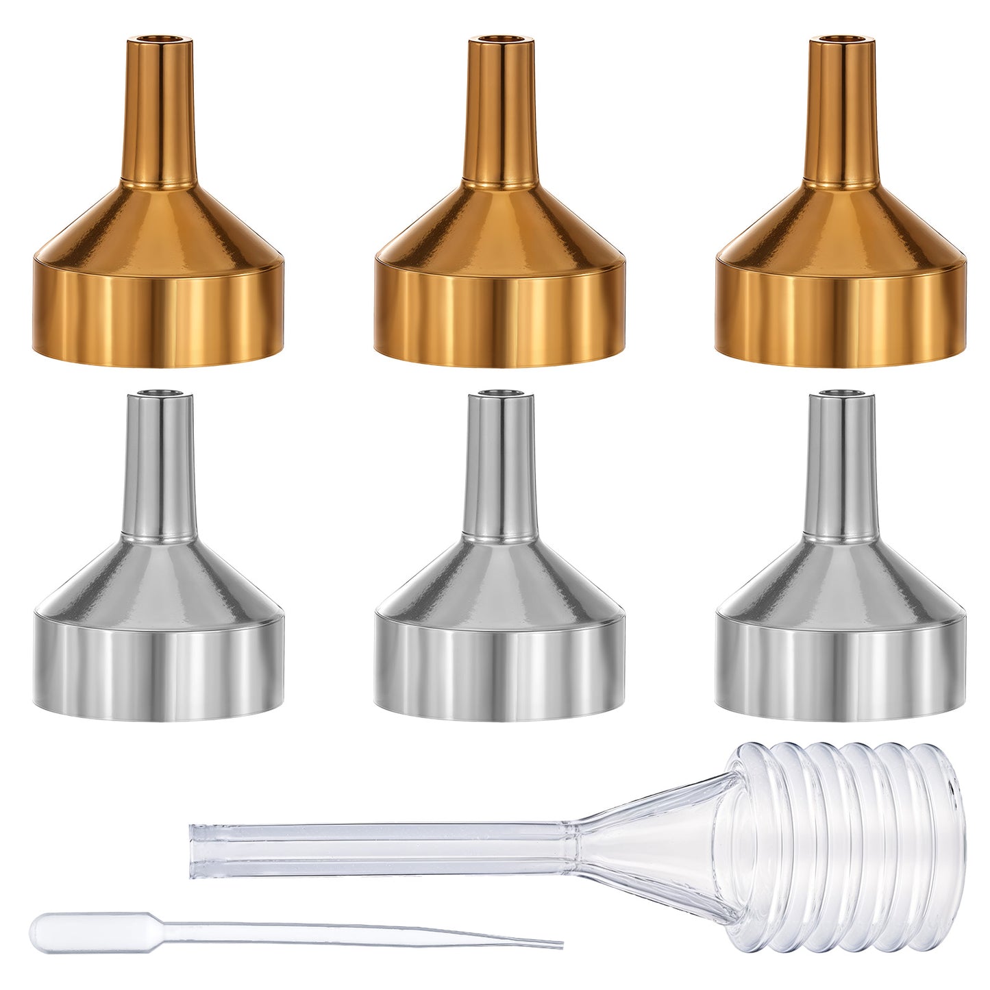 TIESOME Small Metal Funnels, 6 PCS Gold & Silver Mini Funnel with 2 PCS Mini Pipette Universal Mini Funnel for Filling Small Mini Bottles or Containers Essential Oils Perfume Liquid (2.1 x 1.8cm)