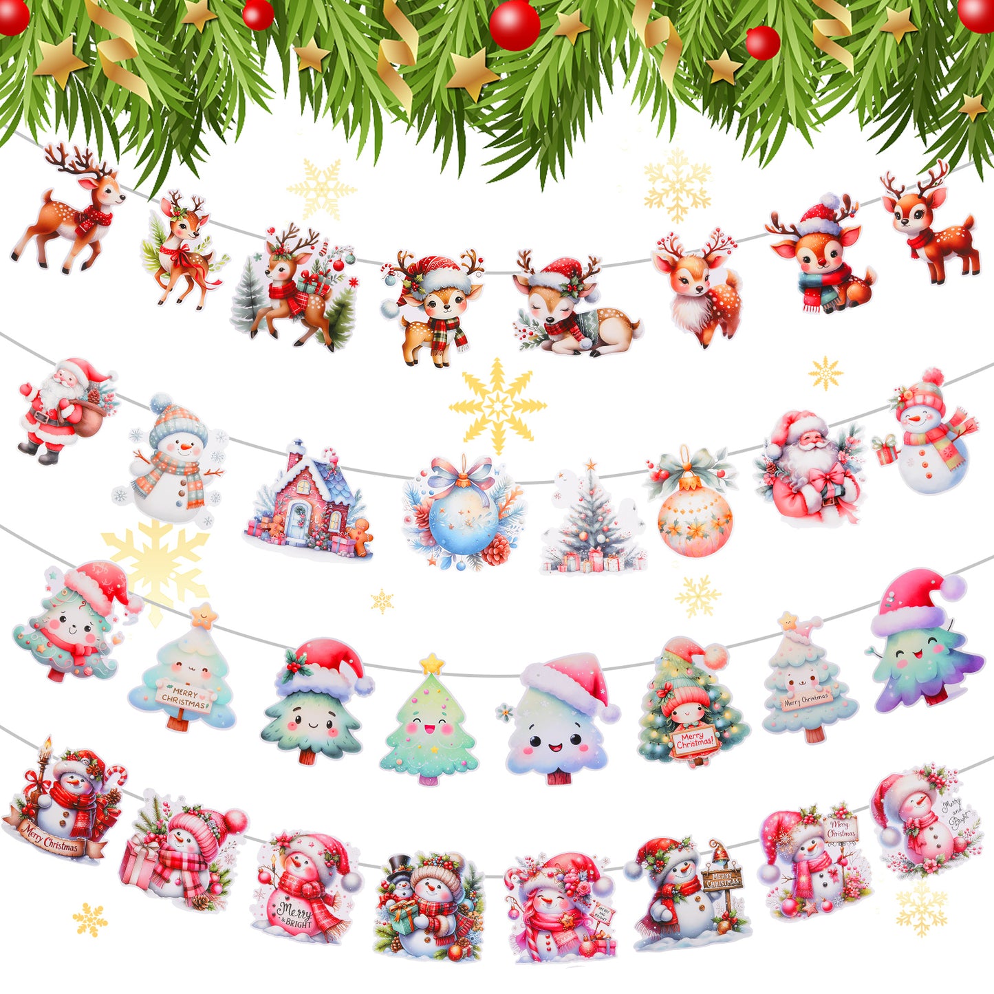 GEEHUA 4 Pcs Christmas Banners Flags Hanging Bunting Holiday Ornaments Banner Christmas Party Decoration Set with Santa Claus Reindeer Xmas Tree Snowman for Home Office Hotel Door Wall Window