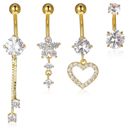 Cobee 4 Pcs Dangle Belly Button Ring For Women, Stainless Steel Belly Button Piercing Navel Piercing Jewelry, Rhinestones Heart Flower Bellys Rings