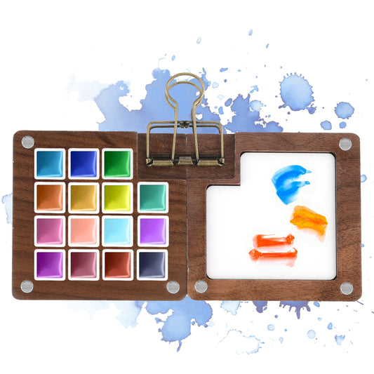 Molain 15 Grid Mini Portable Watercolor Palette with Clip, Wooden Mini Paint Palette, Travel Paint Tray Box, Sketchbook Palette for Watercolor, Gouache, Acrylic Paint, Gift for Painters and Artists