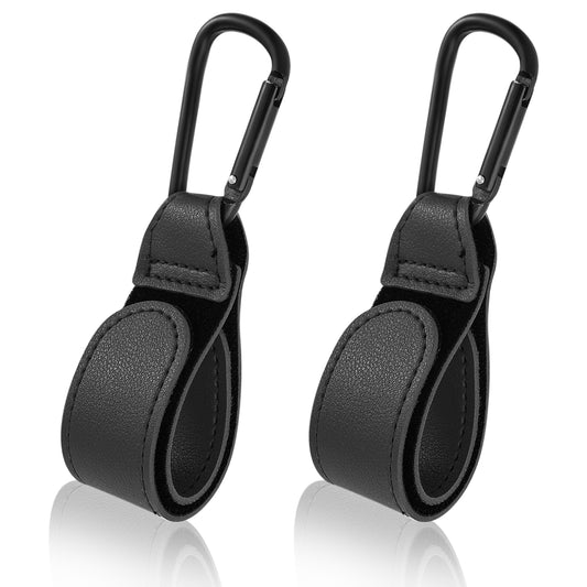 AOZUO Pack of 2 Pram Hooks for Bags, Pram Hook Clips with Carabiner Hook, Pram Bag Holder Made of Leather, Pram Hooks for Bags (Black)