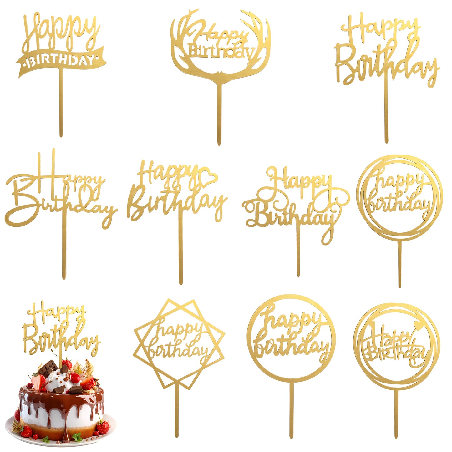 SULIKJHUI 10 Pcs Gold Cake Toppers, Acrylic Cake Decoration for Birthday Party Supplies (Gold)