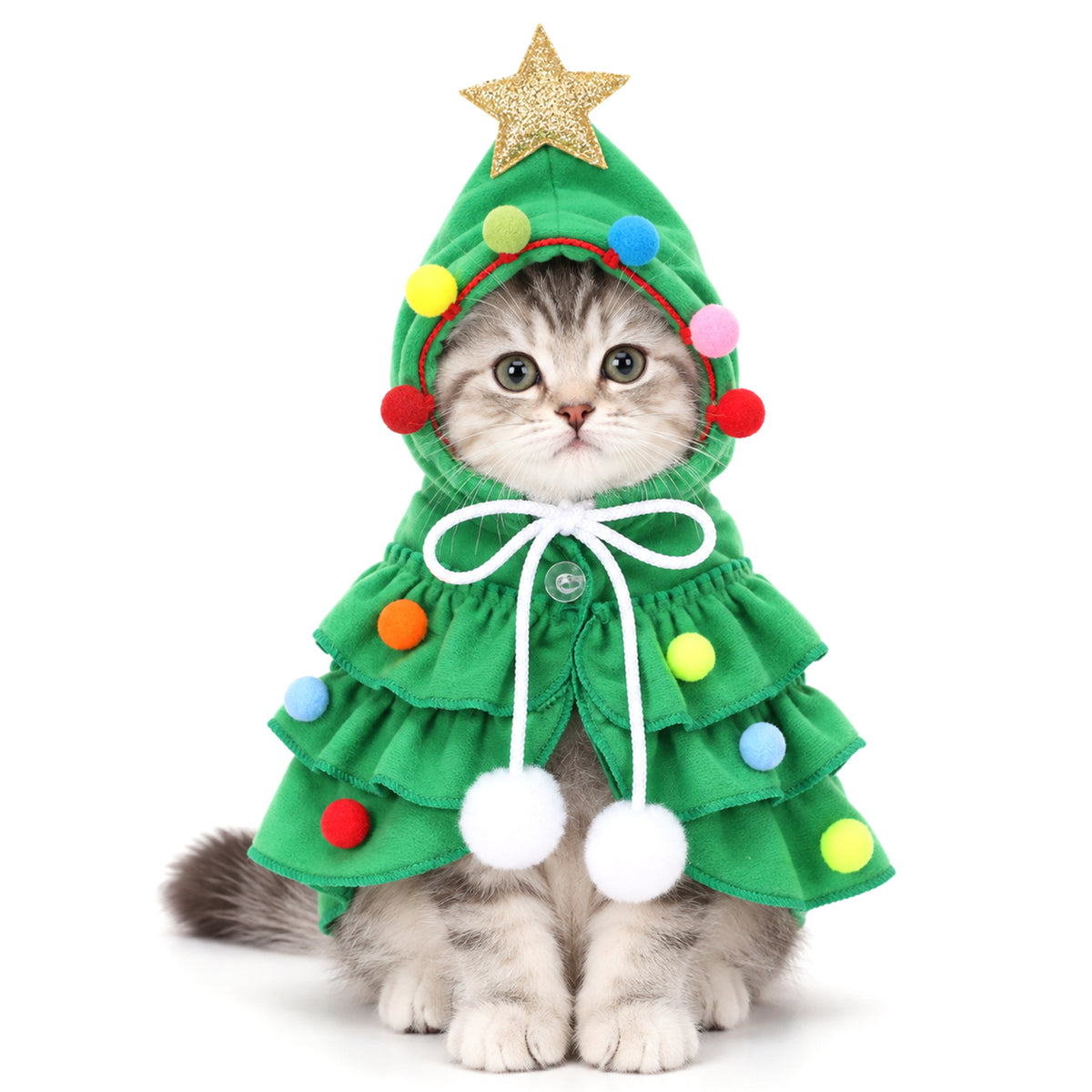 Amabro Green Pet Christmas Cloak Star Pompoms Cape for Small Cat Dogs