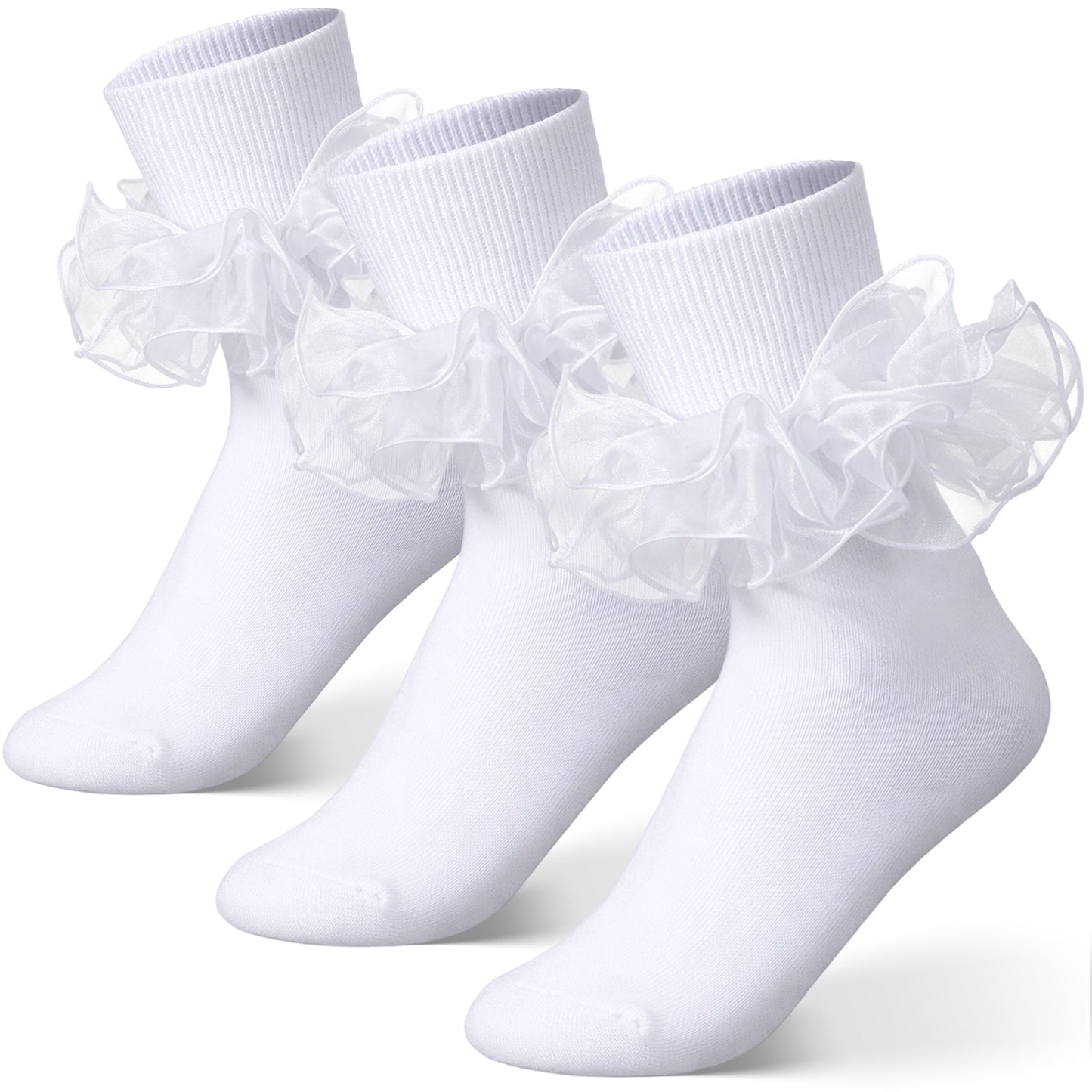 TIESOME 3Pairs Big Ruffle Socks Women, Cotton Comfort Ankle Ribbed Turn Cuff Double Lace Cute Crew Socks
