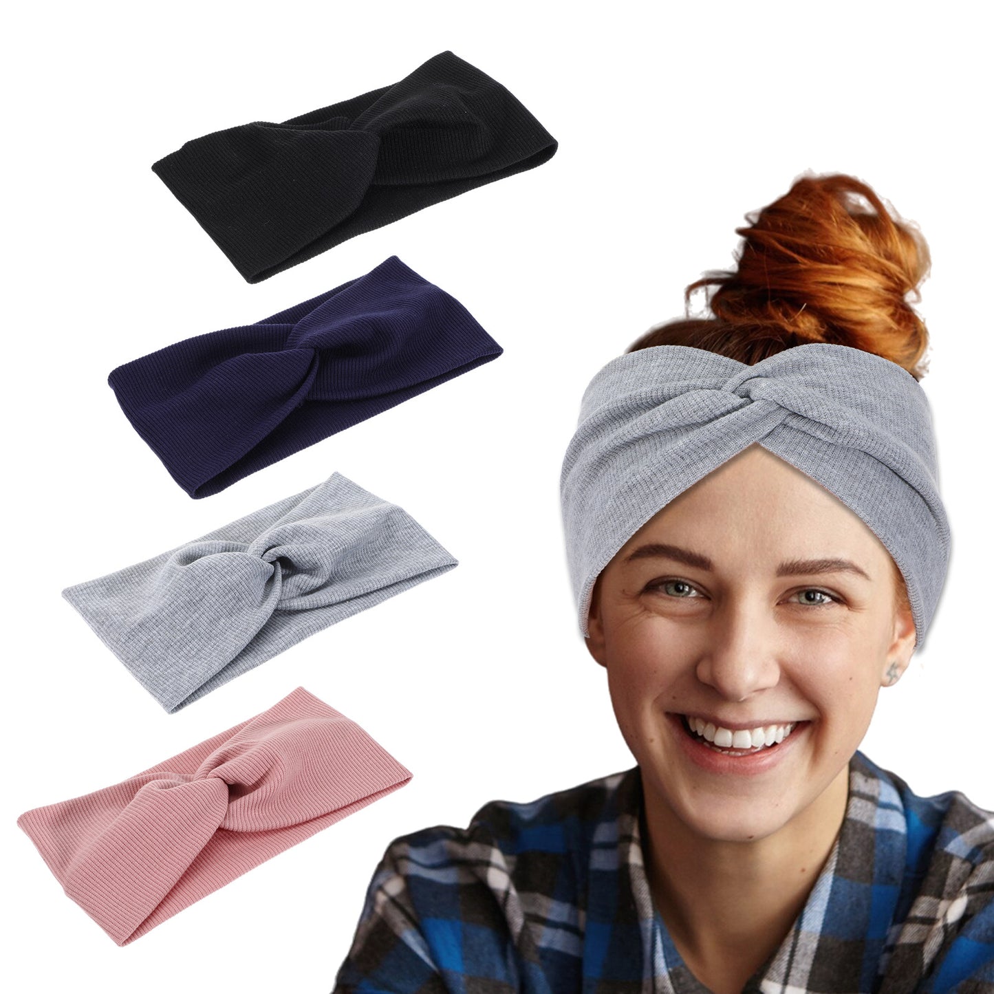 TIESOME Extra Wide Headbands For Women, 7'' Large Twist Knotted Stretchy Wraps Boho Head Bands Non Slip Hair Bands Cotton Turban for Women's Hair 4 Pack Solid Color
