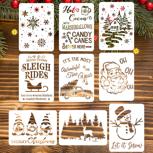 JIEYAO 9 Pcs Reusable Christmas Stencils for Card Making, 8 X 11 Inch Merry Christmas Stencils Plastic Drawing Painting Spraying Template for Painting on Wood Signs Crafts Wall Christmas Decorations