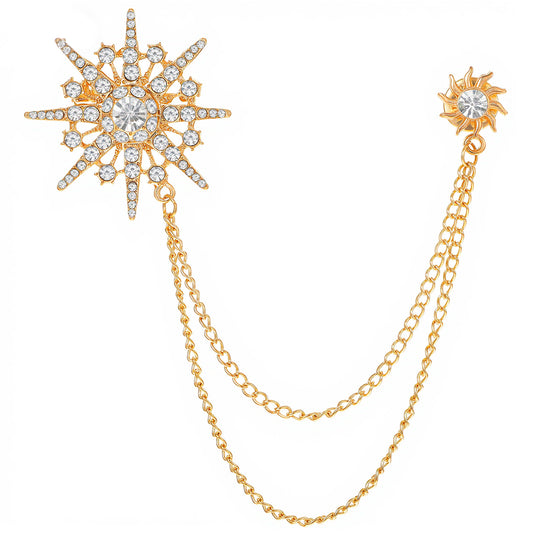 MBAIYO Silver Gold Rhinestone Star Brooch for Women Men, Fashion Crystal Snowflake Sun Lapel Pins Dress Suit Accessories Jewelry Winter Holiday Party Gift(Gold)