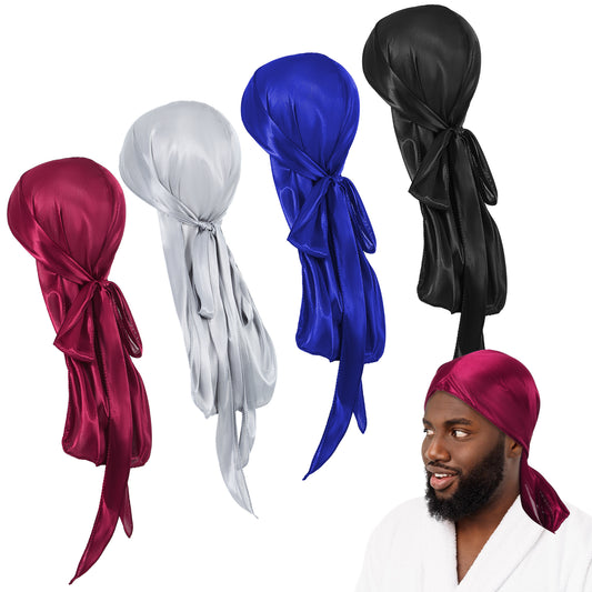 Giantree 4PCS Silky Durags for Men Women, Premium Fabric Durags with Long Tail and Wide Straps Breathable Wave Formation Cap for Men Women All Hair Types(Black, Silver Gray, Royal Blue, Wine Red)