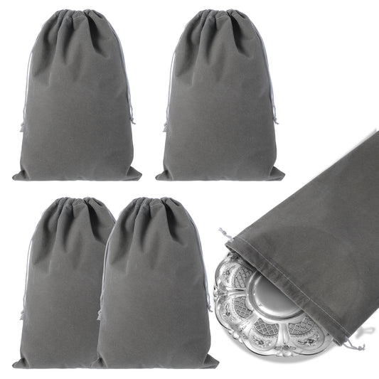 Amabro 4PCS Silver Storage Bags, 11.8" x 7.8" Anti Tarnish Cloth Bag Fabric Cloth Pouch for Protection Jewelry Flatware Silverplate Tarnish Cleaning (Grey)