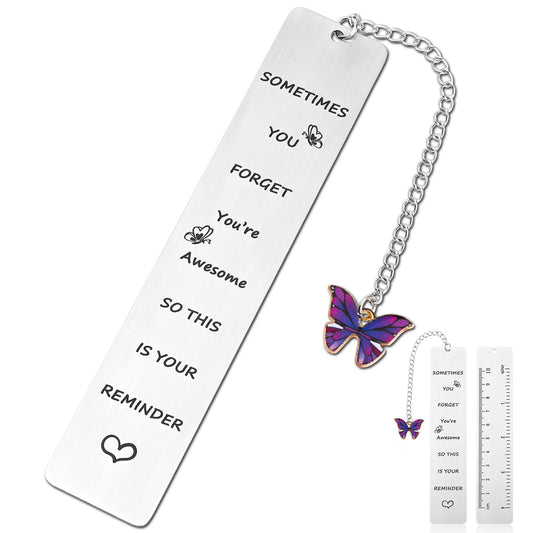 HJZHII Inspirational Gifts Bookmarks, Sometimes You Forget You're Awesome So This is Your Reminder with Butterfly Pendant Motivational Stainless Steel Book Markers Rulers for Reading()