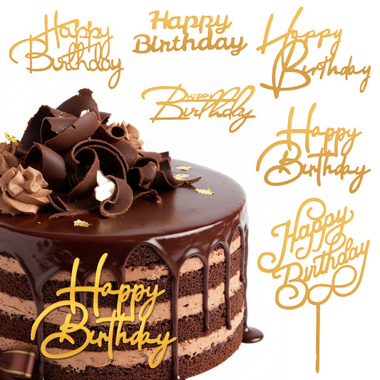 cobee 6Pcs Happy Birthday Cake Topper, Happy Birthday Sign for Cakes, Mirror Acrylic Birth day Cakes Toppers, Gold Ca kes Decorations for Cake Party Decorating Supplies