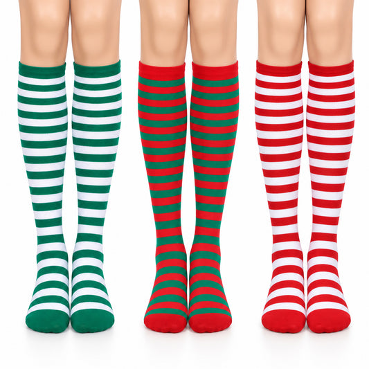 Amabro 3 Pairs Christmas Striped Socks, Long Knee High Socks for Women Men