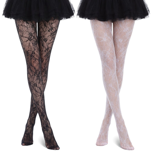 JJUNW 2 Pcs Lace Floral Black White Fishnet Stockings, Patterned Tights