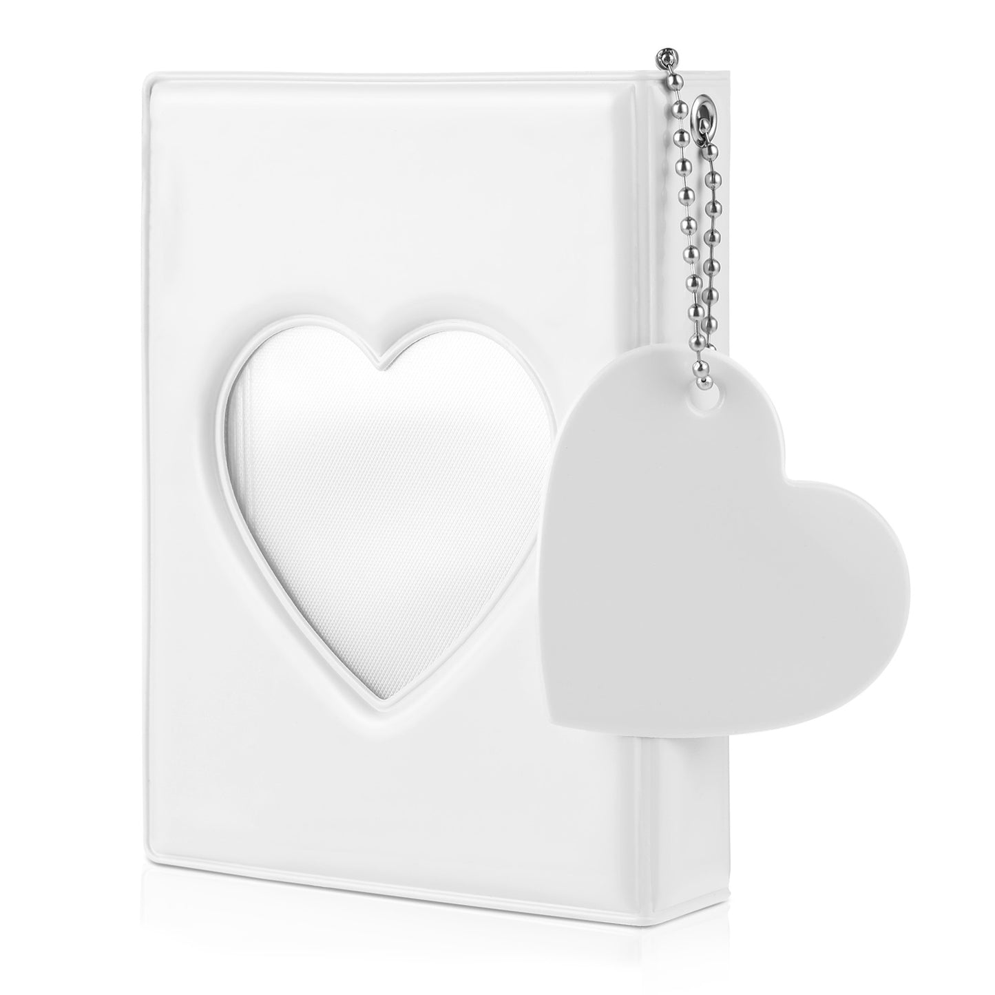 Molain 3 Inch Small Photo Album, Heart Hollow Card Binder with 32 Pockets, Pink Photocard Binder, Cute Photo Card Holder with Beaded Chain for Photocards Collection(White)