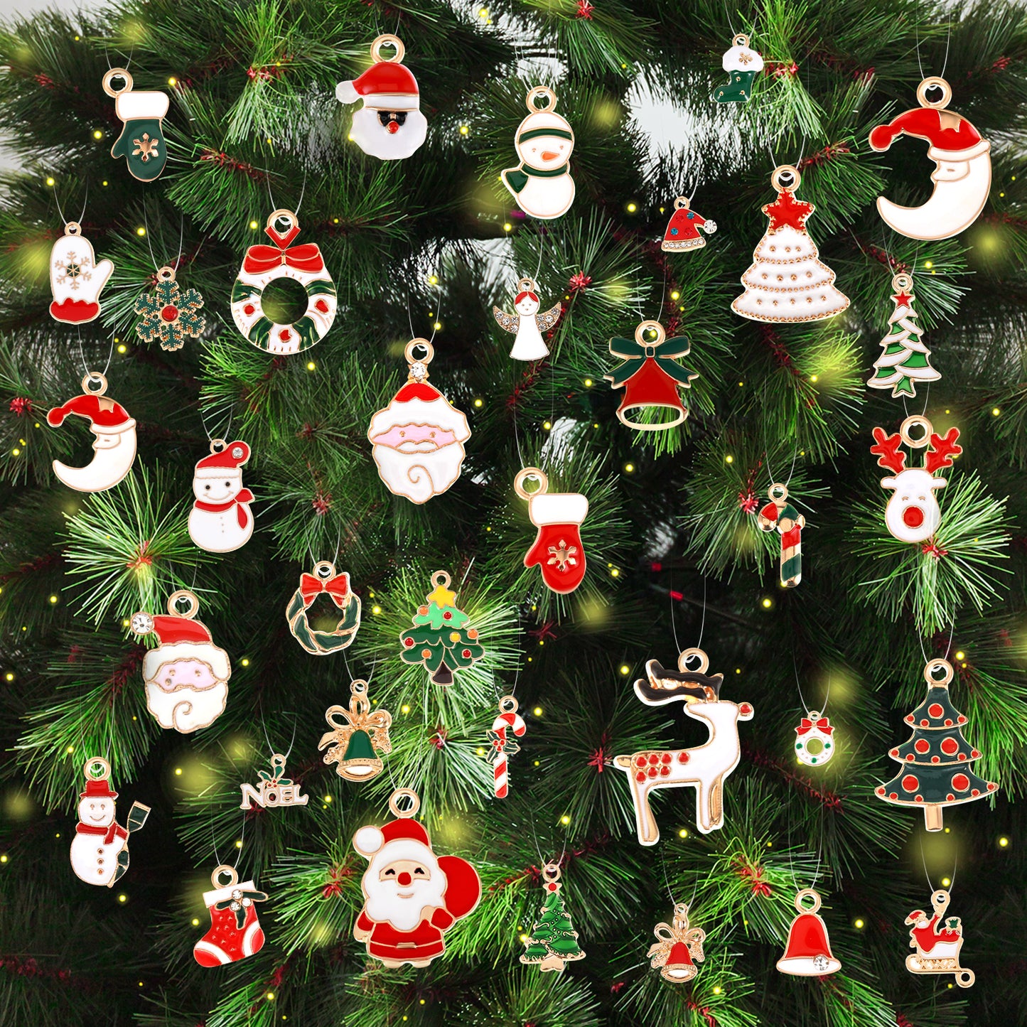 cobee Christmas Tree Hanging Ornaments, Mini Christmas Ornaments Set with String Santa Claus Reindeer Snowman Xmas Stocking Gloves Candy Cane Jingle Bell Wreath DIY Decoration for Xmas (50)