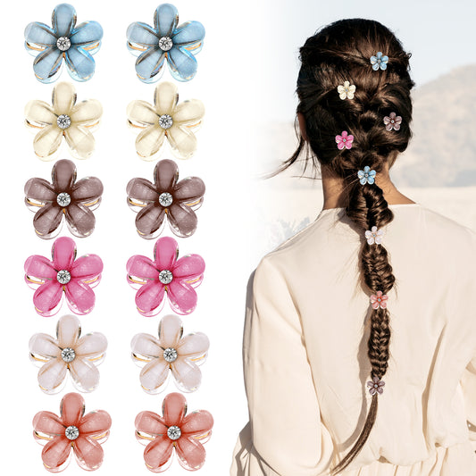 JJUNW 12 Pcs Mini Cute Flower-Shaped Hair Clips for Girls, Mini Rhinestone Hair Claw Clips, Multicolor Crystal Hair Barrettes for Long Braid Hairstyles, Pearl Hairpin for Women Hair Accessories