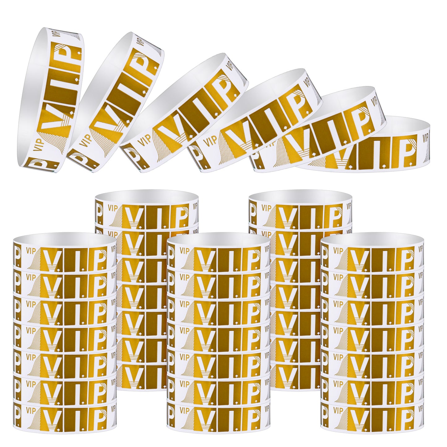 DOPENSPI 100PCS VIP Wristbands for Events, 25x1.9cm Gold Wrist Bands for Events Waterproof Paper Event Wristbands VIP Bracelets for Party Nightclubs Festival Concert Waterparks