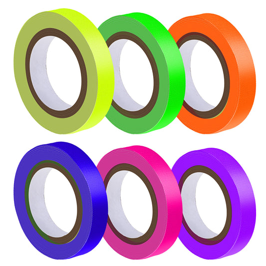 JIYIN 6 Rolls Fluorescent Tapes, 10mm x 5m Glow in The Dark Self-Adhesive Tape, Neon Gaffer Cloth Tape Blacklight Glow in The Dark Tape for Stage Supplies Stairs Home Decor Pub Party Decoration
