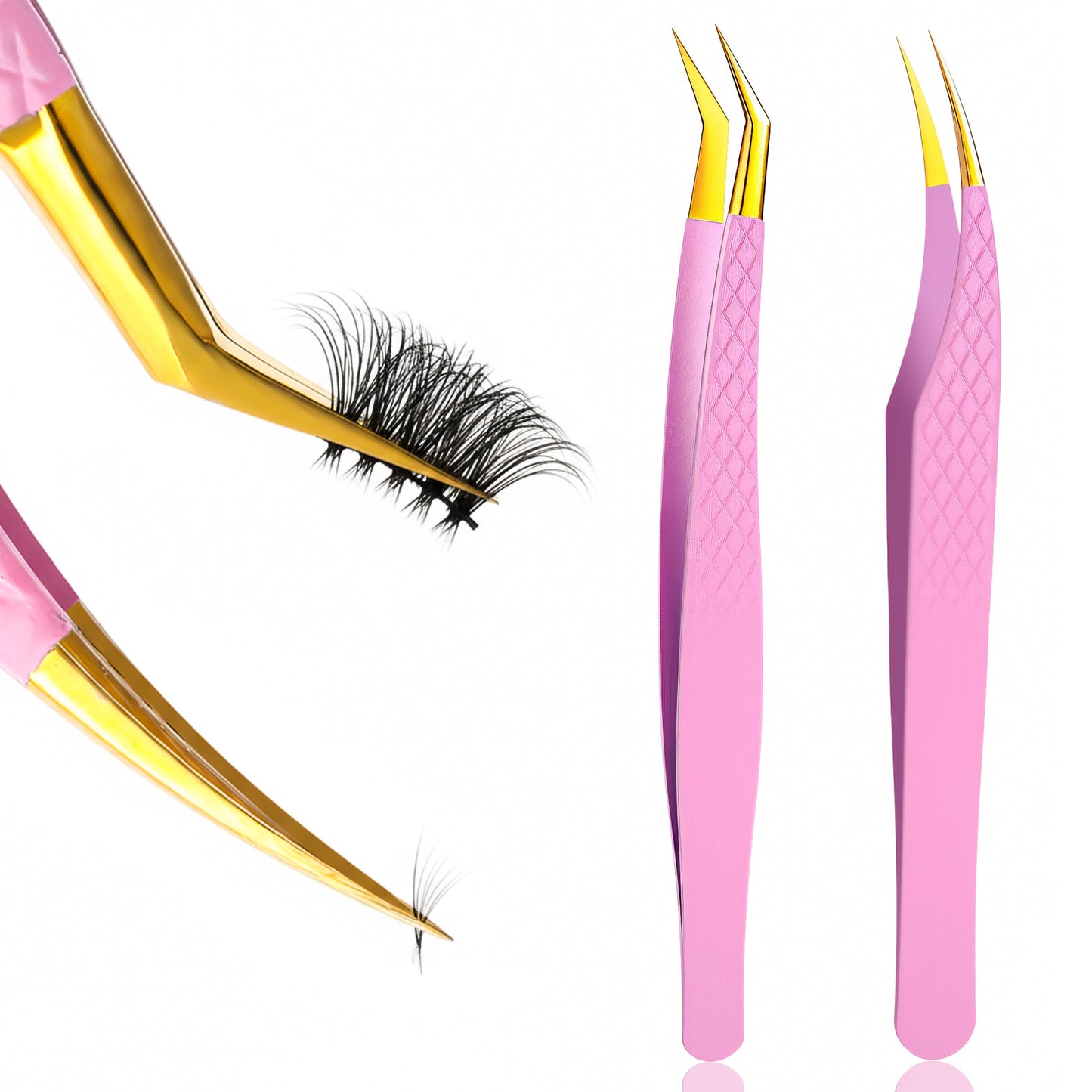 IANFAN Lash Tweezers for Eyelash Extensions, 2 Pcs 90 Degree Fiber Tip Eyelash Extension Tweezers, Pink, False Lashes & Volume Lash, 2Pcs Set, for Lashes Technicians